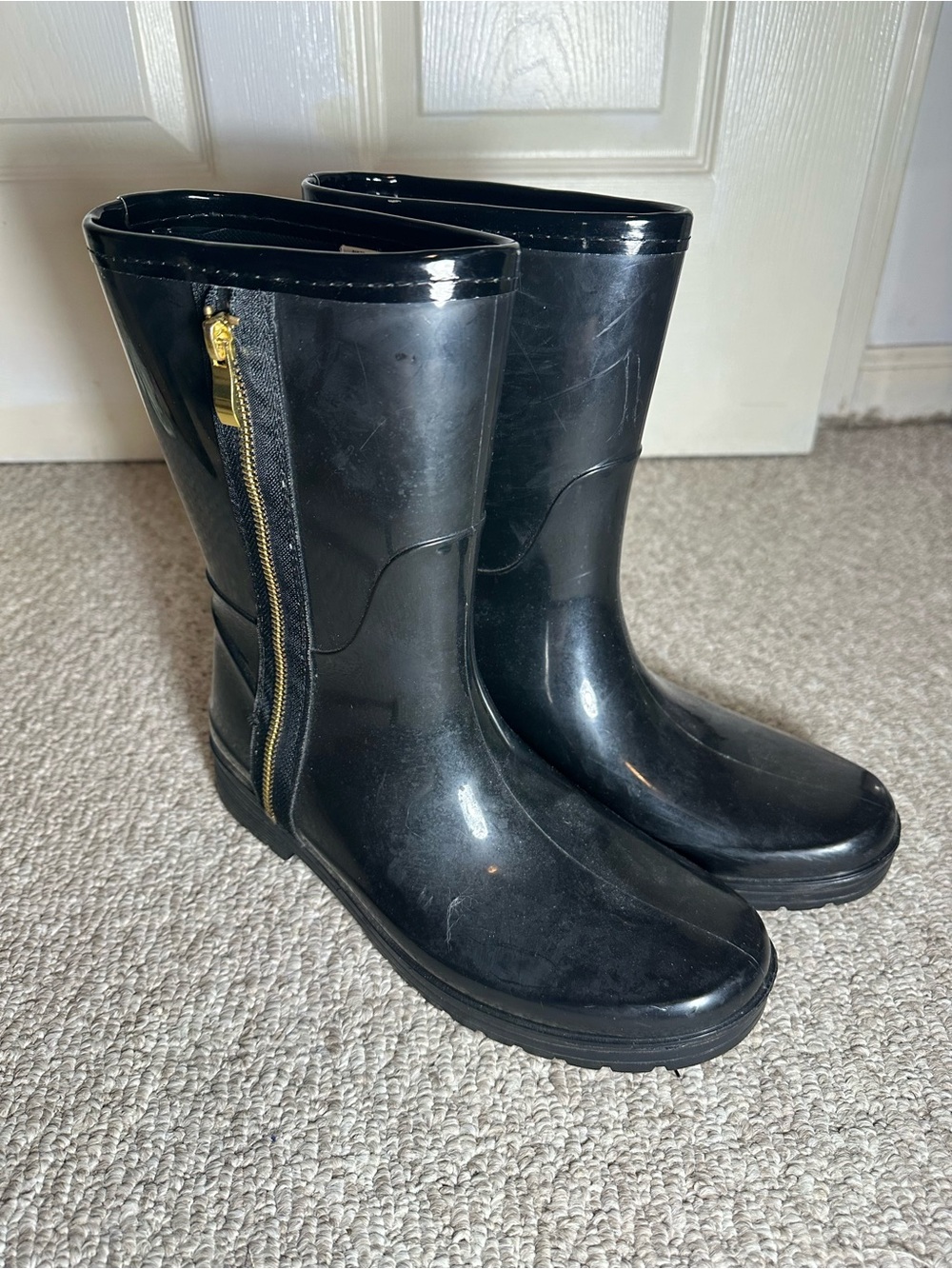 Black Women's Rain Boots with Gold Zip